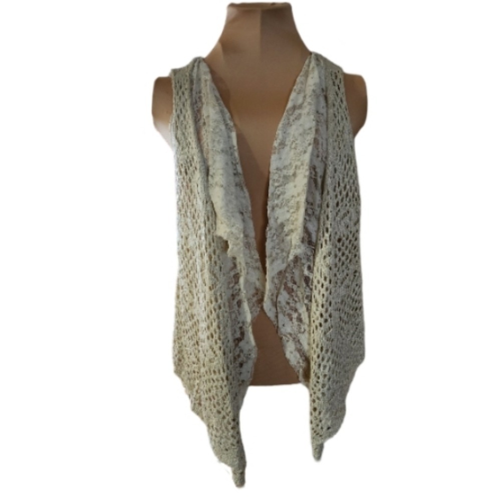 Say What? Womens Crochet Lace Fringe Vest Cream Beige Open Front Boho Layer L